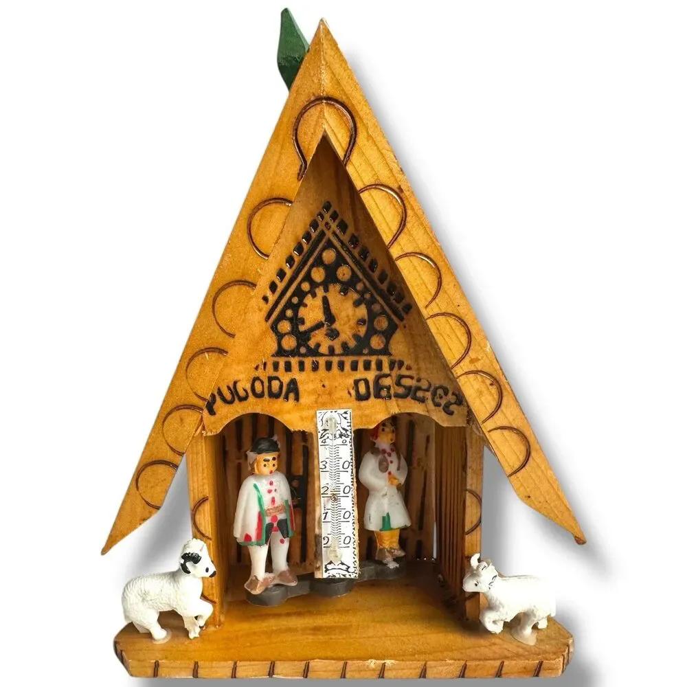 Vintage Romanian Wooden Weather House Chalet Thermometer Folk Art Decor